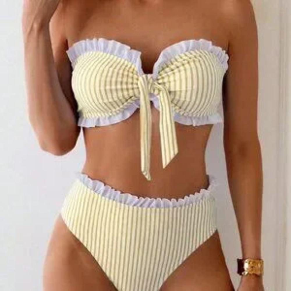 ZARA Yellow Cute Women's Striped Contrast Color Ruffle Tie Knot Bikini